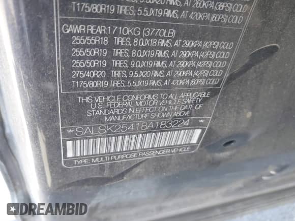 2008 Land Rover Range Rover Sport HSE with VIN SALSK25418A183224, listed as a IAAI auction lot 41697572 with 162,014 mi miles and . Bid and sale history available at DreamBid. Image 9.