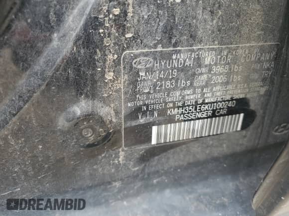 2019 Hyundai Elantra z VIN KMHH35LE6KU100240, wystawiony jako Copart lot #69460955 z przebiegiem 120 380 mil mil oraz Szkoda całkowita • Salvage title. Historia ofert i sprzedaży dostępna na DreamBid. Obrazek 12.