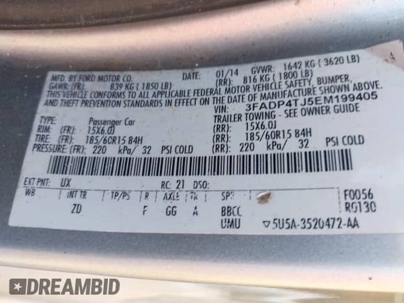 2014 Ford Fiesta S with VIN 3FADP4TJ5EM199405, listed as a IAAI auction lot 41915494 with 127,474 mi miles and . Bid and sale history available at DreamBid. Image 9.