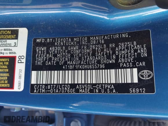 2017 Toyota Camry XLE с VIN 4T1BF1FK0HU655796, выставлен на аукционе IAAI как лот 42760592 с пробегом 236 567 миль миль и . История ставок и продаж доступна на DreamBid. Изображение 9.