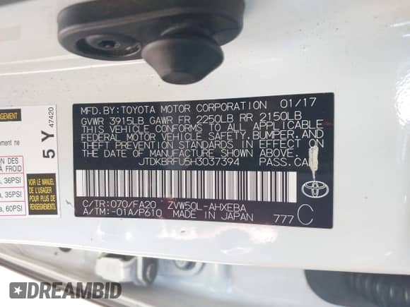 2017 Toyota Prius Two с VIN JTDKBRFU5H3037394, выставлен на аукционе IAAI как лот 43143552 с пробегом 108 509 миль миль и . История ставок и продаж доступна на DreamBid. Изображение 9.