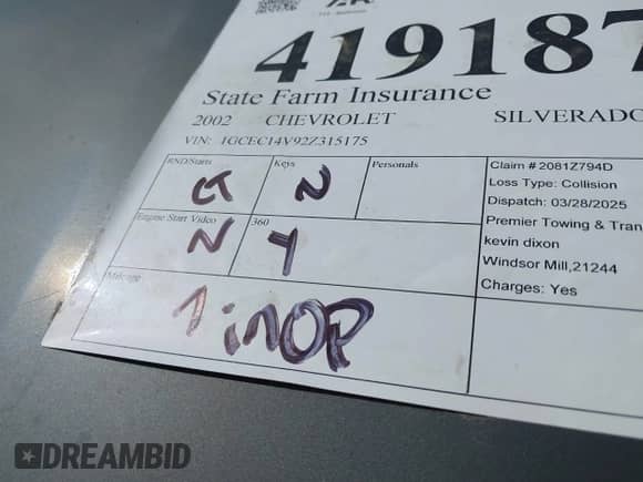 2002 Chevrolet Silverado 1500 LS with VIN 1GCEC14V92Z315175, listed as a IAAI auction lot 41918707 with Not provided miles and . Bid and sale history available at DreamBid. Image 7.