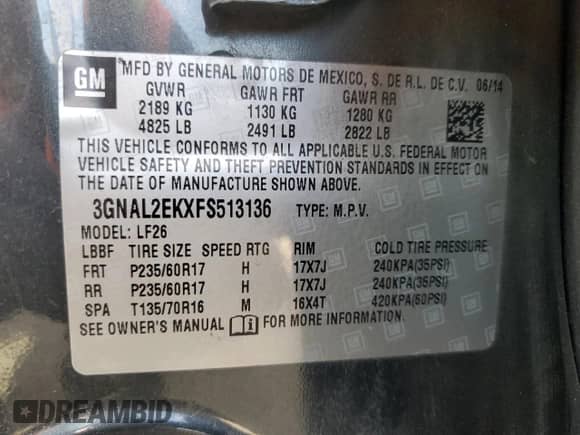 2015 Chevrolet Captiva Sport LS с VIN 3GNAL2EKXFS513136, выставлен на аукционе Copart как лот 85375075 с пробегом 106 933 миль миль и Списание • Salvage title. История ставок и продаж доступна на DreamBid. Изображение 13.