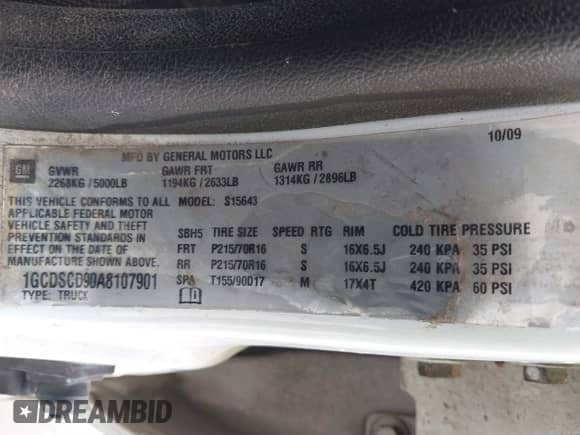 2010 Chevrolet Colorado 1LT with VIN 1GCDSCD90A8107901, listed as a IAAI auction lot 41542106 with 108,730 mi miles and . Bid and sale history available at DreamBid. Image 9.