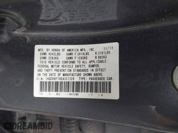 2014 Honda Accord Touring z VIN 1HGCR6F7XEA001329, wystawiony jako IAAI lot #43435290 z przebiegiem 318 555 mil mil oraz . Historia ofert i sprzedaży dostępna na DreamBid. Obrazek 9.