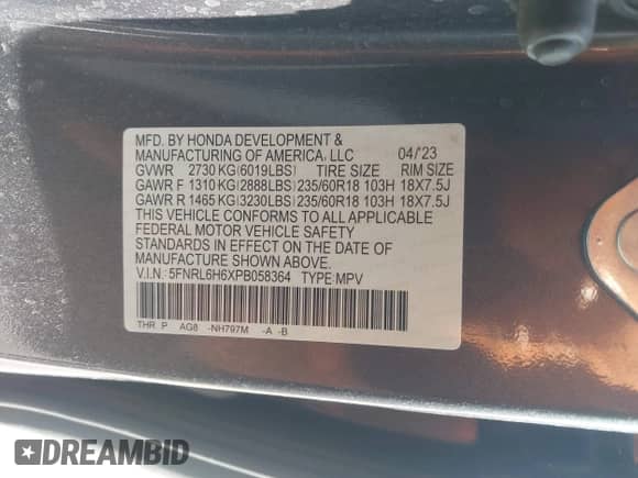 2023 Honda Odyssey EX-L с VIN 5FNRL6H6XPB058364, выставлен на аукционе IAAI как лот 42934678 с пробегом 46 420 миль миль и . История ставок и продаж доступна на DreamBid. Изображение 9.