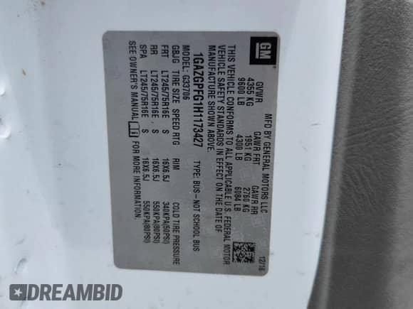 2017 Chevrolet Express Passenger LT with VIN 1GAZGPFG1H1173427, listed as a Copart auction lot 61748355 with Not provided miles and Salvage title. Bid and sale history available at DreamBid. Image 14.