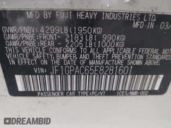 2014 Subaru Impreza Premium with VIN JF1GPAC65E8281601, listed as a IAAI auction lot 43146090 with 135,299 mi miles and . Bid and sale history available at DreamBid. Image 9.