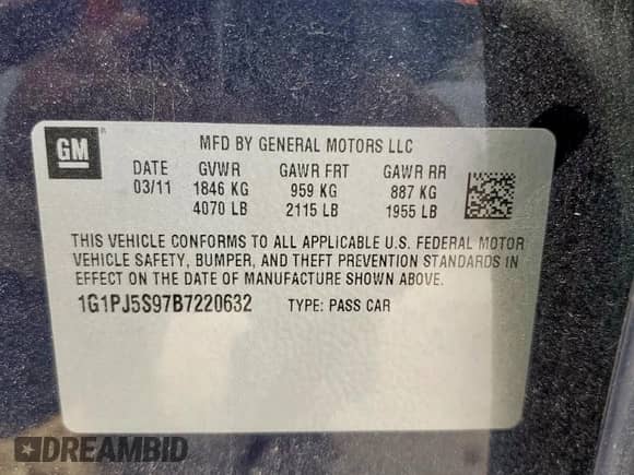 2011 Chevrolet Cruze ECO 1XF с VIN 1G1PJ5S97B7220632, выставлен на аукционе Copart как лот 82088335 с пробегом 76 992 миль миль и Списание • Salvage title. История ставок и продаж доступна на DreamBid. Изображение 12.