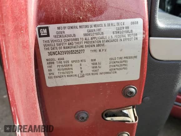 2009 Chevrolet HHR 1LT with VIN 3GNCA23V09S525277, listed as a Copart auction lot 77223264 with 108,755 mi miles and Non repairable. Bid and sale history available at DreamBid. Image 13.