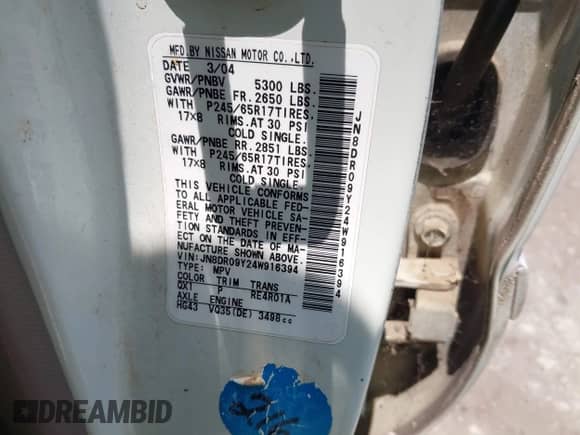 2004 Nissan Pathfinder SE с VIN JN8DR09Y24W916394, выставлен на аукционе IAAI как лот 42379787 с пробегом 211 094 миль миль и . История ставок и продаж доступна на DreamBid. Изображение 9.