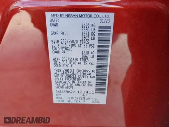 2023 Nissan Murano Platinum with VIN 5N1AZ2DS2PC121411, listed as a Copart auction lot 45659785 with 12,597 mi miles and Salvage title. Bid and sale history available at DreamBid. Image 14.