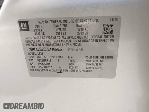 2011 Chevrolet Equinox LS with VIN 2GNALBEC6B1165432, listed as a IAAI auction lot 43498991 with 149,628 mi miles and . Bid and sale history available at DreamBid. Image 9.