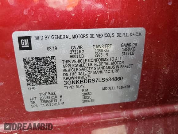 2020 Chevrolet Blazer LT с VIN 3GNKBDRS7LS534860, выставлен на аукционе Copart как лот 84888865 с пробегом 53 368 миль миль и На запчасти • Non repairable. История ставок и продаж доступна на DreamBid. Изображение 13.