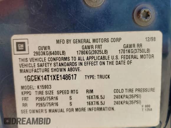 1999 Chevrolet Silverado 1500 LT with VIN 1GCEK14T1XE148617, listed as a Copart auction lot 52962515 with 220,173 mi miles and Clean title. Bid and sale history available at DreamBid. Image 12.