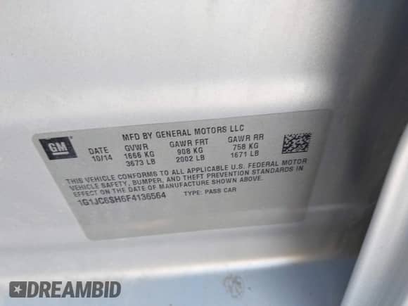 2015 Chevrolet Sonic LT with VIN 1G1JC6SH6F4136564, listed as a IAAI auction lot 43427814 with 143,585 mi miles and . Bid and sale history available at DreamBid. Image 9.