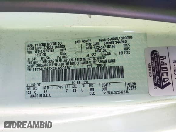 2002 Ford Econoline Cargo with VIN 1FTNE242X2HA90857, listed as a IAAI auction lot 42716391 with 103,796 mi miles and . Bid and sale history available at DreamBid. Image 9.
