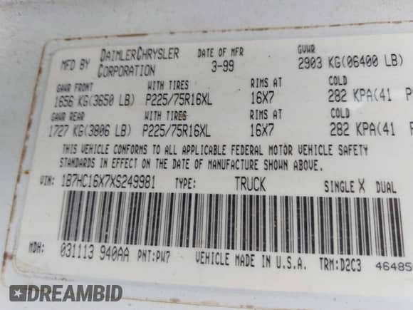 1999 Dodge 1500 с VIN 1B7HC16X7XS249981, выставлен на аукционе IAAI как лот 42501957 с пробегом 187 633 миль миль и . История ставок и продаж доступна на DreamBid. Изображение 9.