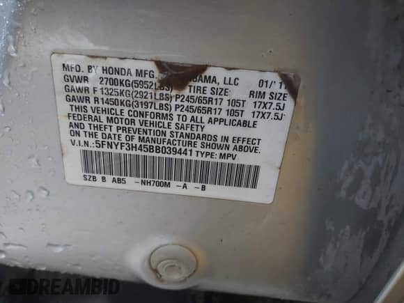 2011 Honda Pilot EX with VIN 5FNYF3H45BB039441, listed as a IAAI auction lot 42628670 with 192,023 mi miles and . Bid and sale history available at DreamBid. Image 9.