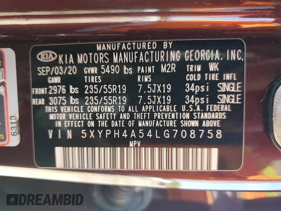 2020 Kia Sorento EX with VIN 5XYPH4A54LG708758, listed as a Copart auction lot 71699185 with Not provided miles and Salvage title. Bid and sale history available at DreamBid. Image 13.