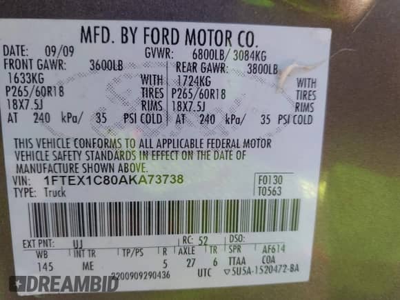 2010 Ford F-150 XL z VIN 1FTEX1C80AKA73738, wystawiony jako IAAI lot #42251013 z przebiegiem 146 602 mil mil oraz . Historia ofert i sprzedaży dostępna na DreamBid. Obrazek 9.