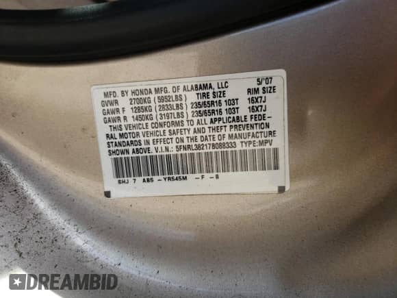 2007 Honda Odyssey LX с VIN 5FNRL38217B088333, выставлен на аукционе Copart как лот 80522515 с пробегом 76 889 миль миль и Чистый • Clean title. История ставок и продаж доступна на DreamBid. Изображение 13.