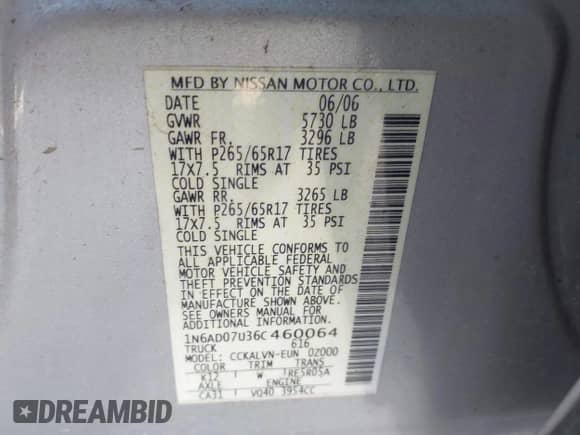 2006 Nissan Frontier SE with VIN 1N6AD07U36C460064, listed as a IAAI auction lot 43381179 with 202,932 mi miles and . Bid and sale history available at DreamBid. Image 9.