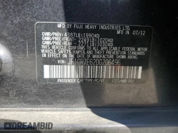 2013 Subaru WRX WRX Premium with VIN JF1GR7E62DG206496, listed as a Copart auction lot 80752565 with 138,908 mi miles and Salvage title. Bid and sale history available at DreamBid. Image 12.