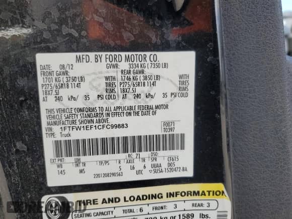 2012 Ford F-150 XL с VIN 1FTFW1EF1CFC99883, выставлен на аукционе Copart как лот 86222625 с пробегом 314 327 миль миль и Чистый • Clean title. История ставок и продаж доступна на DreamBid. Изображение 12.