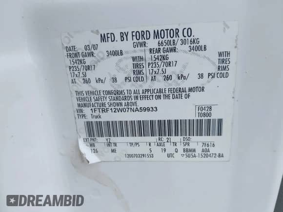 2007 Ford F-150 XL с VIN 1FTRF12W07NA59933, выставлен на аукционе IAAI как лот 42491520 с пробегом Не указан миль и . История ставок и продаж доступна на DreamBid. Изображение 9.