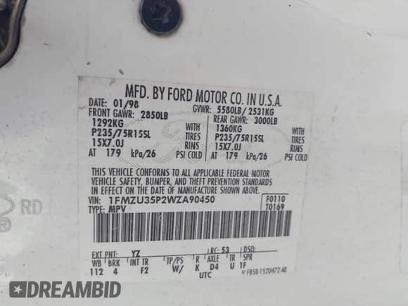 1998 Ford Explorer XLT с VIN 1FMZU35P2WZA90450, выставлен на аукционе IAAI как лот 42242629 с пробегом 179 513 миль миль и . История ставок и продаж доступна на DreamBid. Изображение 9.
