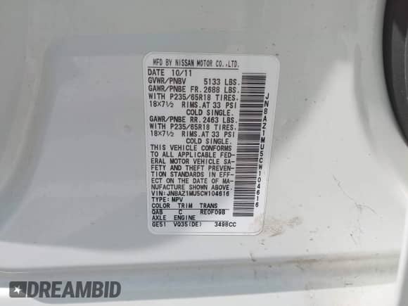 2012 Nissan Murano LE с VIN JN8AZ1MU5CW104616, выставлен на аукционе IAAI как лот 42447878 с пробегом 172 637 миль миль и . История ставок и продаж доступна на DreamBid. Изображение 9.