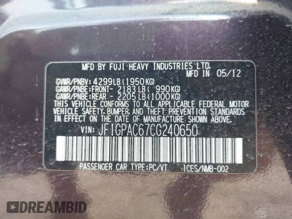 2012 Subaru Impreza Premium с VIN JF1GPAC67CG240650, выставлен на аукционе IAAI как лот 42941009 с пробегом 147 464 миль миль и . История ставок и продаж доступна на DreamBid. Изображение 9.