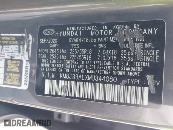 2021 Hyundai Tucson Sport with VIN KM8J33ALXMU344080, listed as a IAAI auction lot 43131097 with 112,525 mi miles and . Bid and sale history available at DreamBid. Image 9.