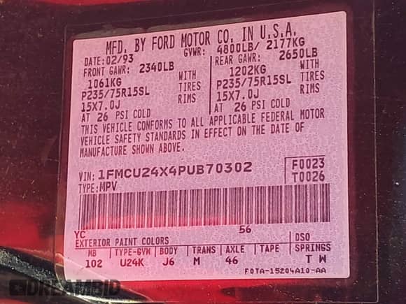 1993 Ford Explorer Eddie Bauer with VIN 1FMCU24X4PUB70302, listed as a IAAI auction lot 43148953 with 3,374 mi miles and . Bid and sale history available at DreamBid. Image 9.