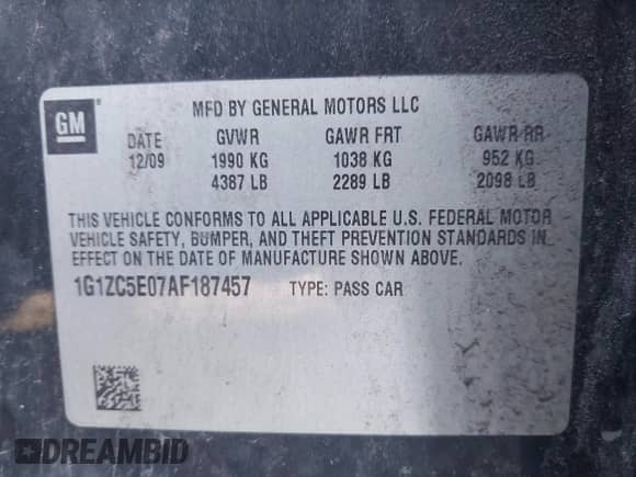 2010 Chevrolet Malibu 1LT с VIN 1G1ZC5E07AF187457, выставлен на аукционе IAAI как лот 43155204 с пробегом Не указан миль и . История ставок и продаж доступна на DreamBid. Изображение 9.