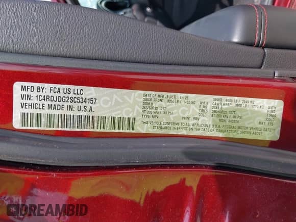 2025 Dodge Durango GT with VIN 1C4RDJDG2SC534157, listed as a IAAI auction lot 42446590 with 5,414 mi miles and . Bid and sale history available at DreamBid. Image 9.