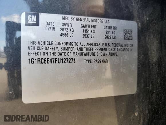 2015 Chevrolet Volt with VIN 1G1RC6E47FU127271, listed as a Copart auction lot 69878505 with 167,772 mi miles and Salvage title. Bid and sale history available at DreamBid. Image 13.