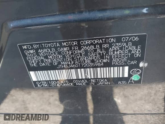 2007 Lexus ES 330 z VIN JTHBJ46G172035984, wystawiony jako IAAI lot #42811428 z przebiegiem 175 267 mil mil oraz . Historia ofert i sprzedaży dostępna na DreamBid. Obrazek 9.