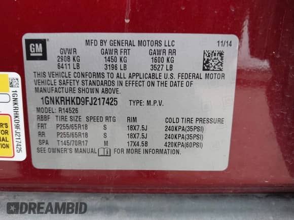 2015 Chevrolet Traverse LT с VIN 1GNKRHKD9FJ217425, выставлен на аукционе IAAI как лот 43195614 с пробегом 163 721 миль миль и . История ставок и продаж доступна на DreamBid. Изображение 9.