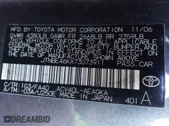 2007 Toyota Camry CE z VIN JTNBE46KX73073911, wystawiony jako IAAI lot #43242639 z przebiegiem 306 536 mil mil oraz . Historia ofert i sprzedaży dostępna na DreamBid. Obrazek 9.