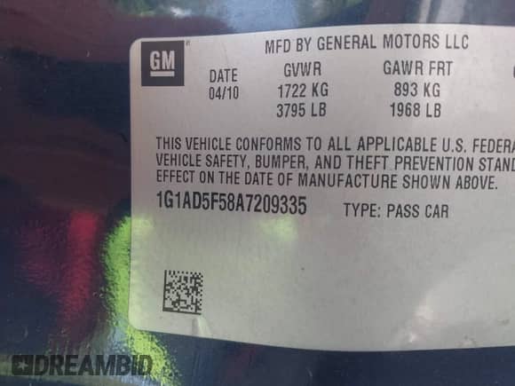 2010 Chevrolet Cobalt 1LT с VIN 1G1AD5F58A7209335, выставлен на аукционе IAAI как лот 43175969 с пробегом 119 014 миль миль и . История ставок и продаж доступна на DreamBid. Изображение 9.