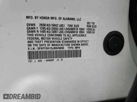 2018 Honda Pilot LX с VIN 5FNYF6H15JB049893, выставлен на аукционе Copart как лот 69929315 с пробегом 113 746 миль миль и Списание • Salvage title. История ставок и продаж доступна на DreamBid. Изображение 13.