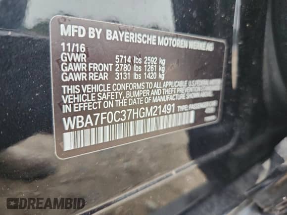 2017 BMW 7 Series 750i with VIN WBA7F0C37HGM21491, listed as a Copart auction lot 68364895 with 150,773 mi miles and Salvage title. Bid and sale history available at DreamBid. Image 12.