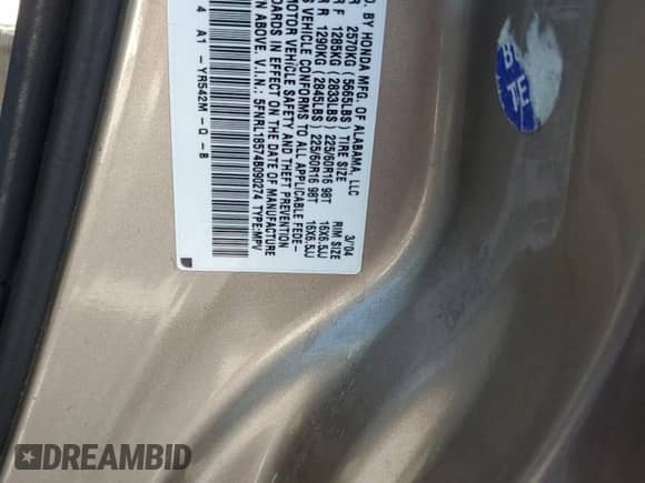 2004 Honda Odyssey LX with VIN 5FNRL18574B090274, listed as a Copart auction lot 82259755 with 226,773 mi miles and Salvage title. Bid and sale history available at DreamBid. Image 13.