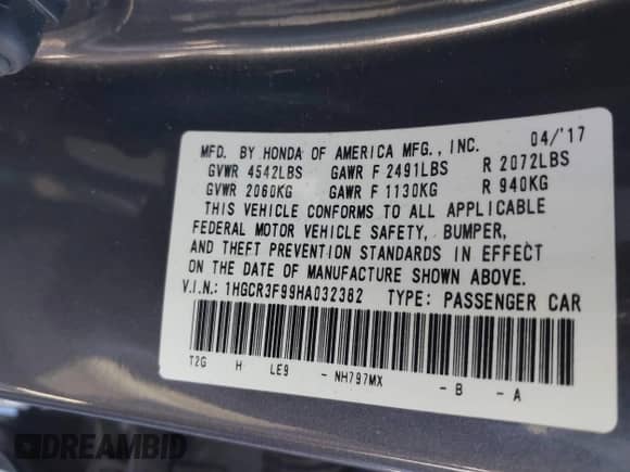 2017 Honda Accord Touring with VIN 1HGCR3F99HA032382, listed as a IAAI auction lot 43405654 with 92,326 mi miles and . Bid and sale history available at DreamBid. Image 9.