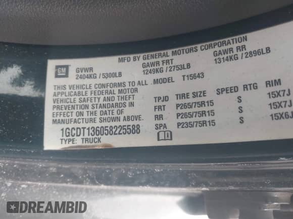 2005 Chevrolet Colorado 1SB LS Z85 z VIN 1GCDT136058225588, wystawiony jako IAAI lot #41614354 z przebiegiem 145 717 mil mil oraz . Historia ofert i sprzedaży dostępna na DreamBid. Obrazek 9.