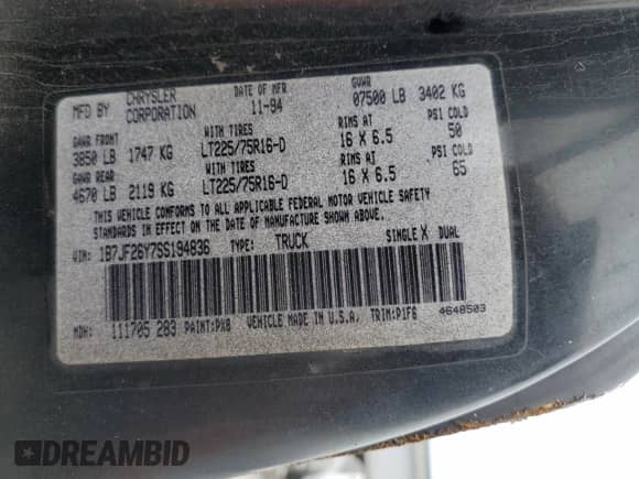 1995 Dodge RAM with VIN 1B7JF26Y7SS194836, listed as a Copart auction lot 81362094 with 130,729 mi miles and Salvage title. Bid and sale history available at DreamBid. Image 12.