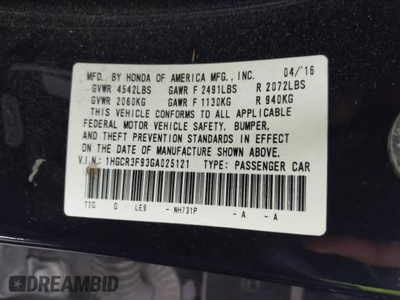 2016 Honda Accord Touring with VIN 1HGCR3F93GA025121, listed as a IAAI auction lot 43313036 with 135,598 mi miles and . Bid and sale history available at DreamBid. Image 9.