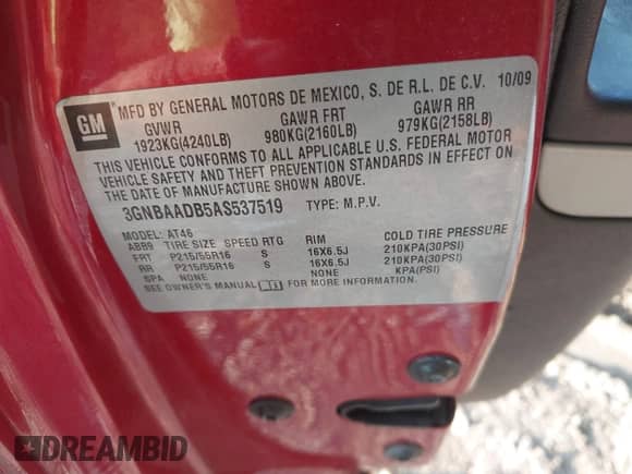 2010 Chevrolet HHR LS с VIN 3GNBAADB5AS537519, выставлен на аукционе IAAI как лот 43256705 с пробегом 168 388 миль миль и . История ставок и продаж доступна на DreamBid. Изображение 9.
